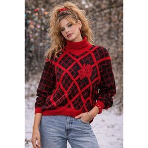 Lilly Of California Sweater Red Vintage Womens Size L Argyle Rose Turtleneck 80s